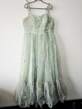 Sage Green Embroidered Tulle Maxi Dress Size 16 Fairycore Boho Floral Ruched